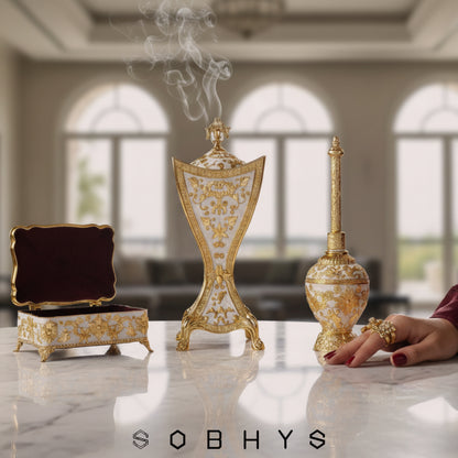 Luxury Arabic Incense Burner & Perfume Set – Royal White & Gold | 3-Piece Mabkhara, Meresh & Velvet Box