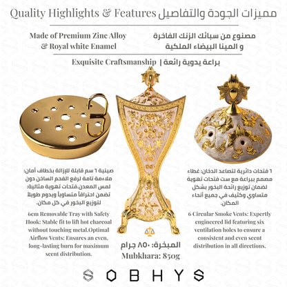 Luxury Arabic Incense Burner & Perfume Set – Royal White & Gold | 3-Piece Mabkhara, Meresh & Velvet Box