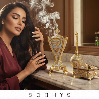 Luxury Arabic Incense Burner & Perfume Set – Royal White & Gold | 3-Piece Mabkhara, Meresh & Velvet Box
