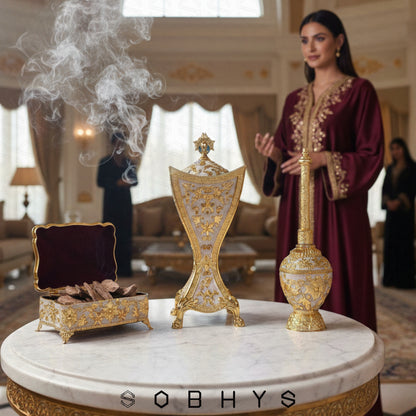 Luxury Arabic Incense Burner & Perfume Set – Royal White & Gold | 3-Piece Mabkhara, Meresh & Velvet Box
