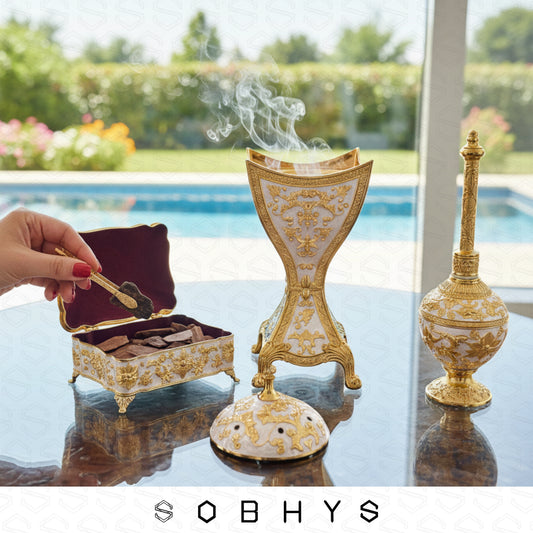 Luxury Arabic Incense Burner & Perfume Set – Royal White & Gold | 3-Piece Mabkhara, Meresh & Velvet Box