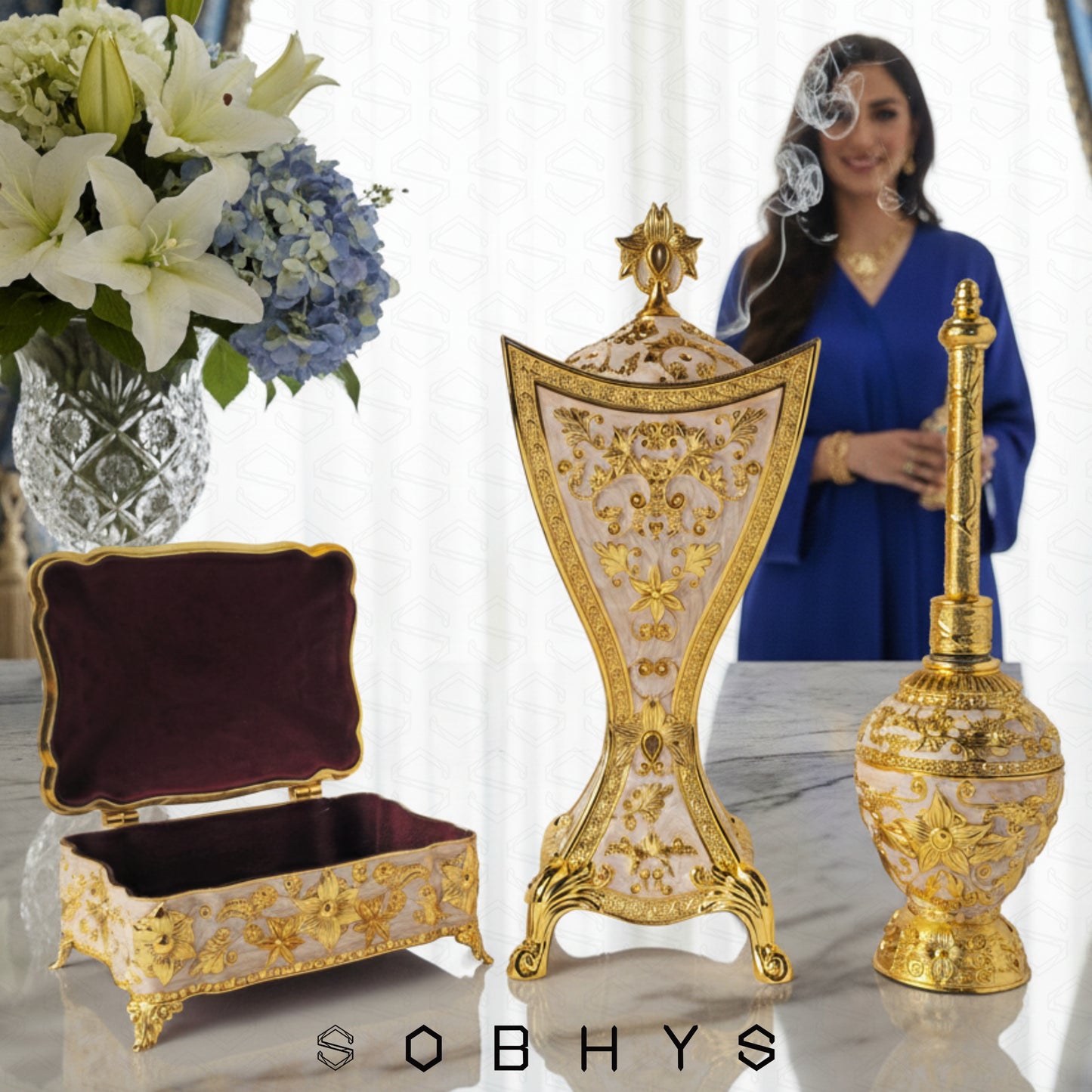 Luxury Arabic Incense Burner & Perfume Set – Royal White & Gold | 3-Piece Mabkhara, Meresh & Velvet Box