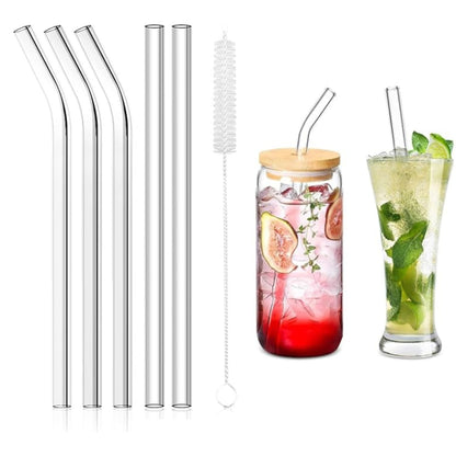 SOBHYS Glass Drinking Straw Set, 5 Piece Borosilicate Straws with Cleaning Brush, Straight and Bent Design for Smoothies, Cocktails, Juices