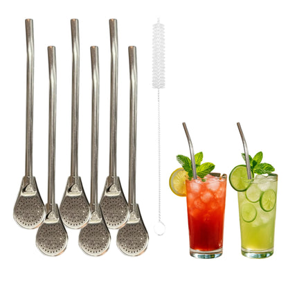 SOBHYS Premium Stainless Steel Spoon Straws Set, 304 Grade Steel, 21.5 cm Length, Rust-Resistant Filter Design, Silver, 6-Pack with Cleaning Brush, Dishwasher Safe (Silver-L-filter)