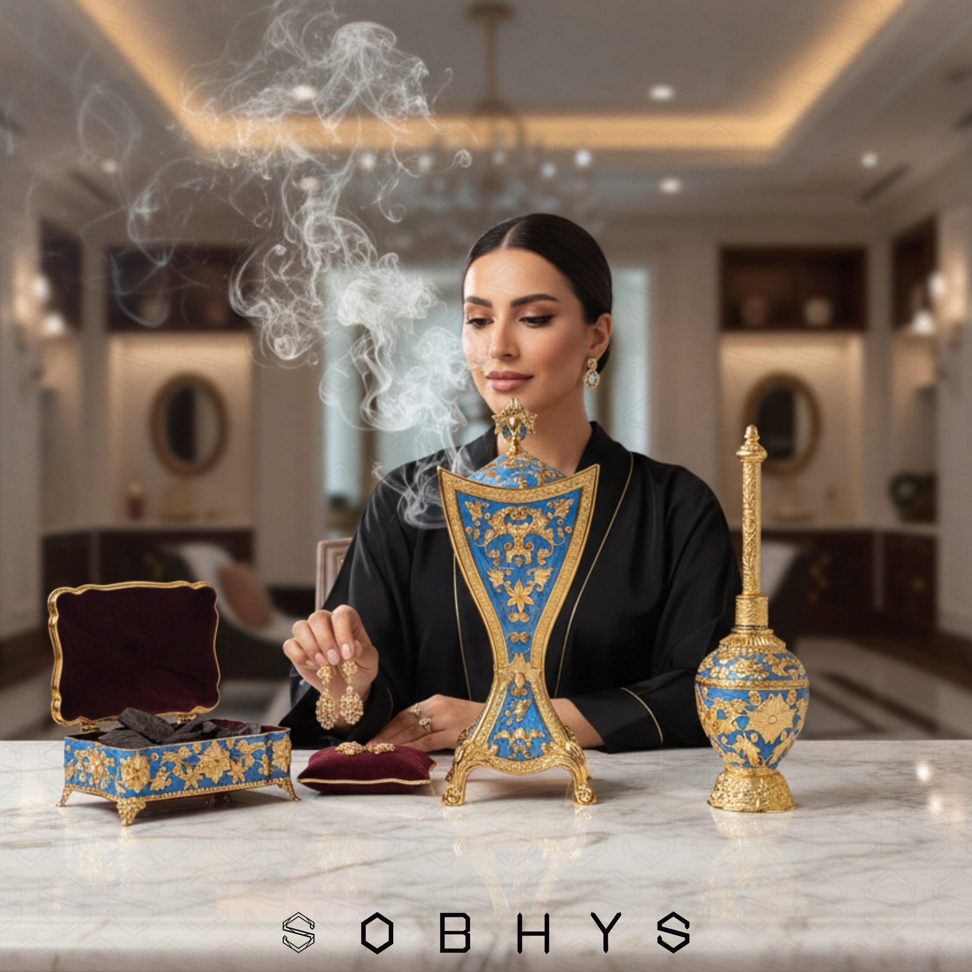 Woman holding a smoking device with decorative elements in an elegant room, featuring the brand 'SOBHYS'. Mabkhara incense burner removable tray safety hook hot charcoal Royal Blue
