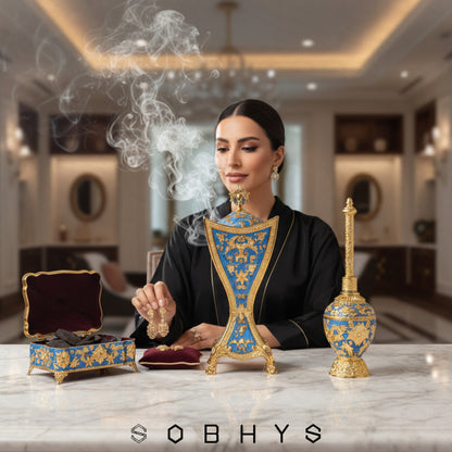 Woman holding a smoking device with decorative elements in an elegant room, featuring the brand 'SOBHYS'. Mabkhara incense burner removable tray safety hook hot charcoal Royal Blue

