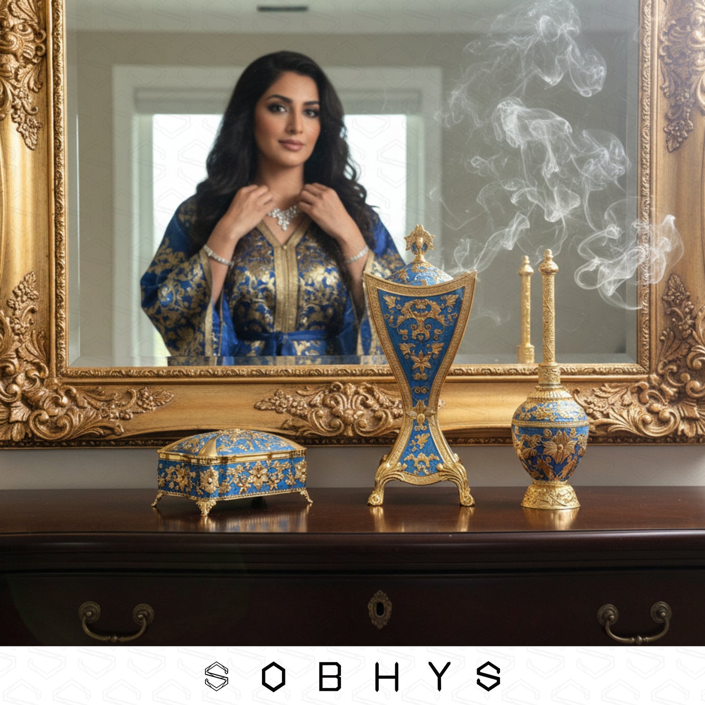 Woman adjusting jewelry in front of a mirror with decorative blue and gold objects on a table, Arabic perfume sprinkler Meresh glass reservoir rosewater oils Sobhys
