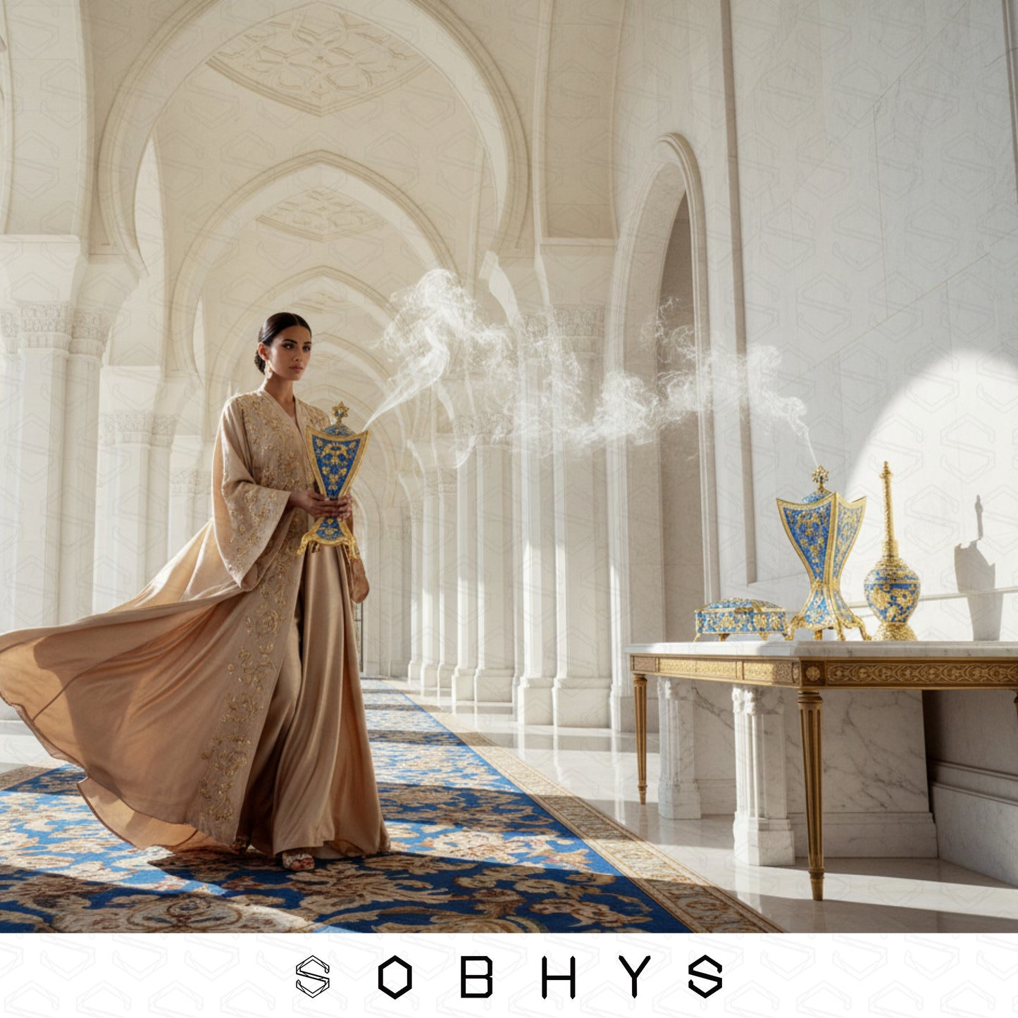Arabic incense burner set lifestyle Majlis home decor Royal Blue Gold
Woman in a flowing dress standing in a grand hall with decorative vases and SOBHYS branding.