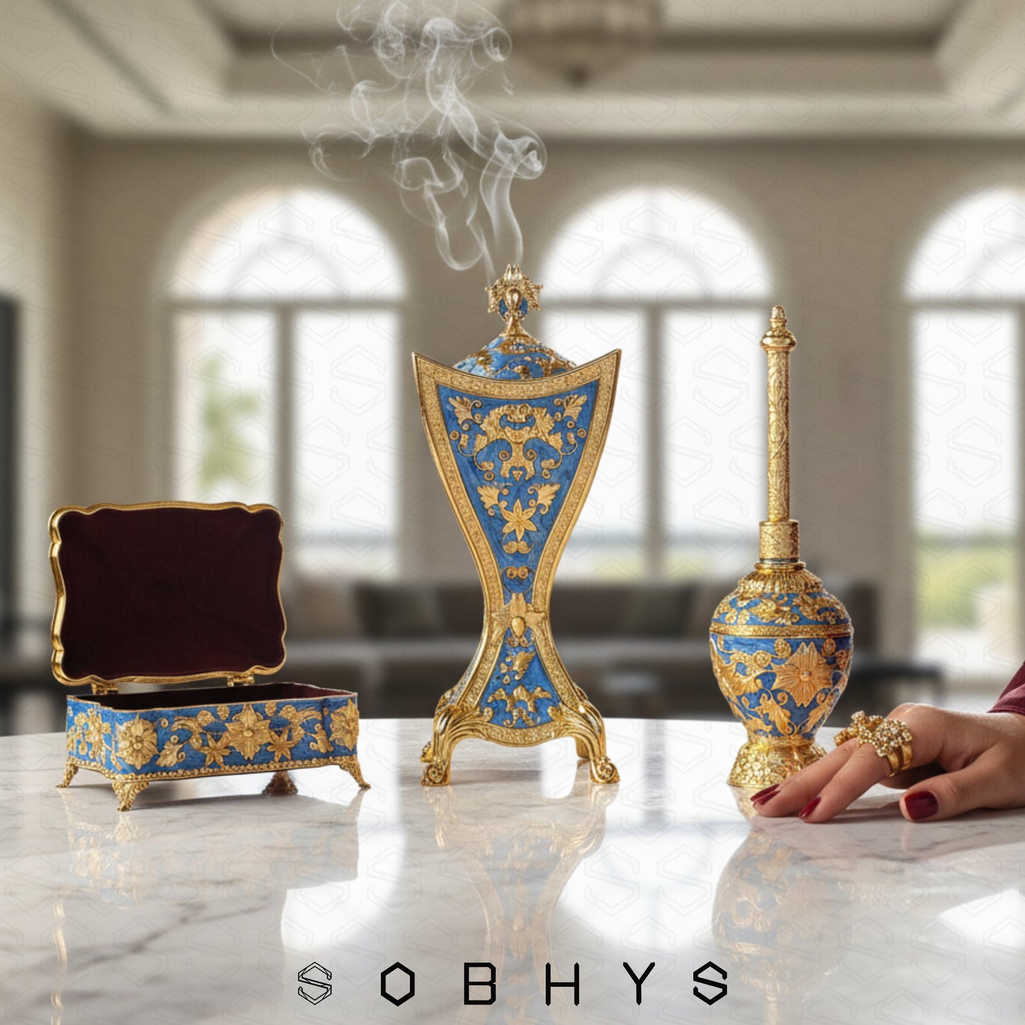 Sobhys Royal Blue Gold incense set scratch-resistant enamel finish
Decorative blue and gold items on a marble surface with 'SOBHYS' branding.