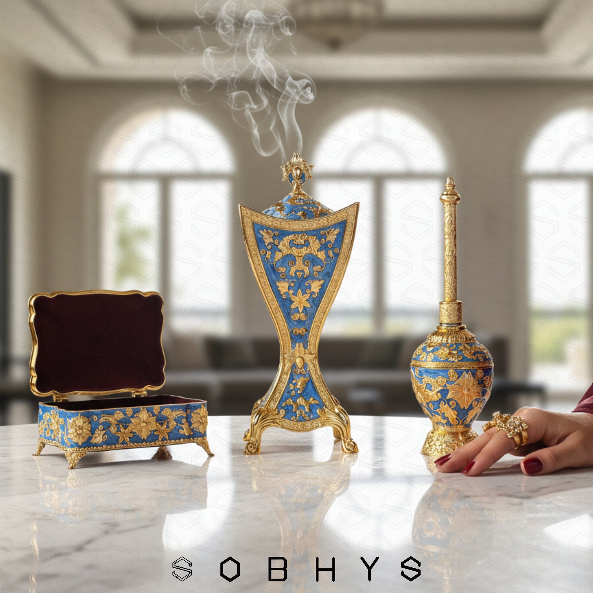 Sobhys Royal Blue Gold incense set scratch-resistant enamel finish
Decorative blue and gold items on a marble surface with 'SOBHYS' branding.