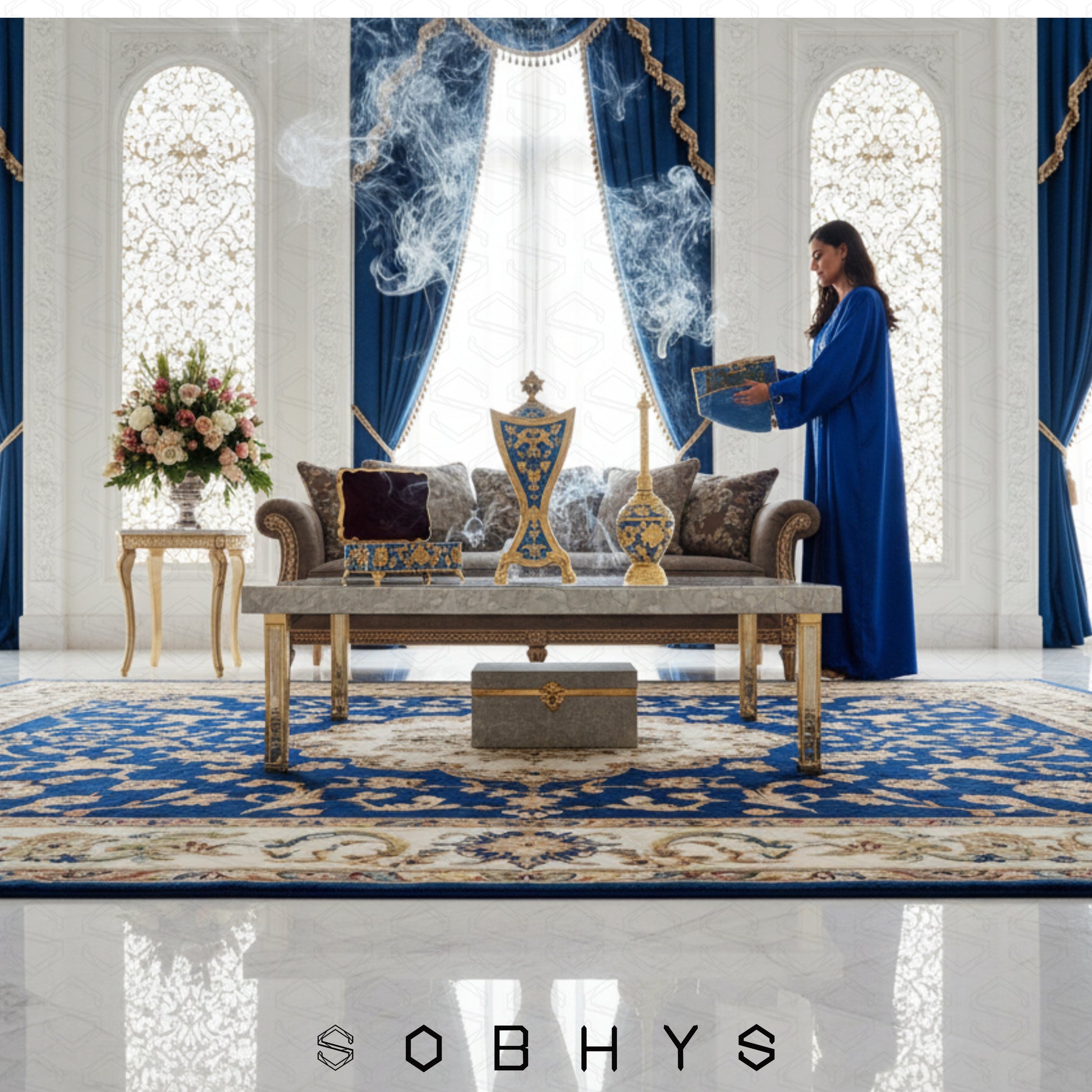 Mabkhara Meresh Arabic incense set premium zinc alloy heat-resistant
Luxurious living room with ornate furniture and decorations, featuring the brand 'SOBHYS'.