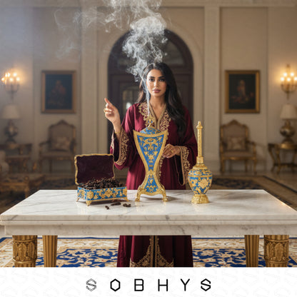 Meresh perfume sprinkler close up glass reservoir Royal Blue Gold Sobhys
Woman in a luxurious room with ornate furniture, holding a smoking hourglass and a treasure chest.