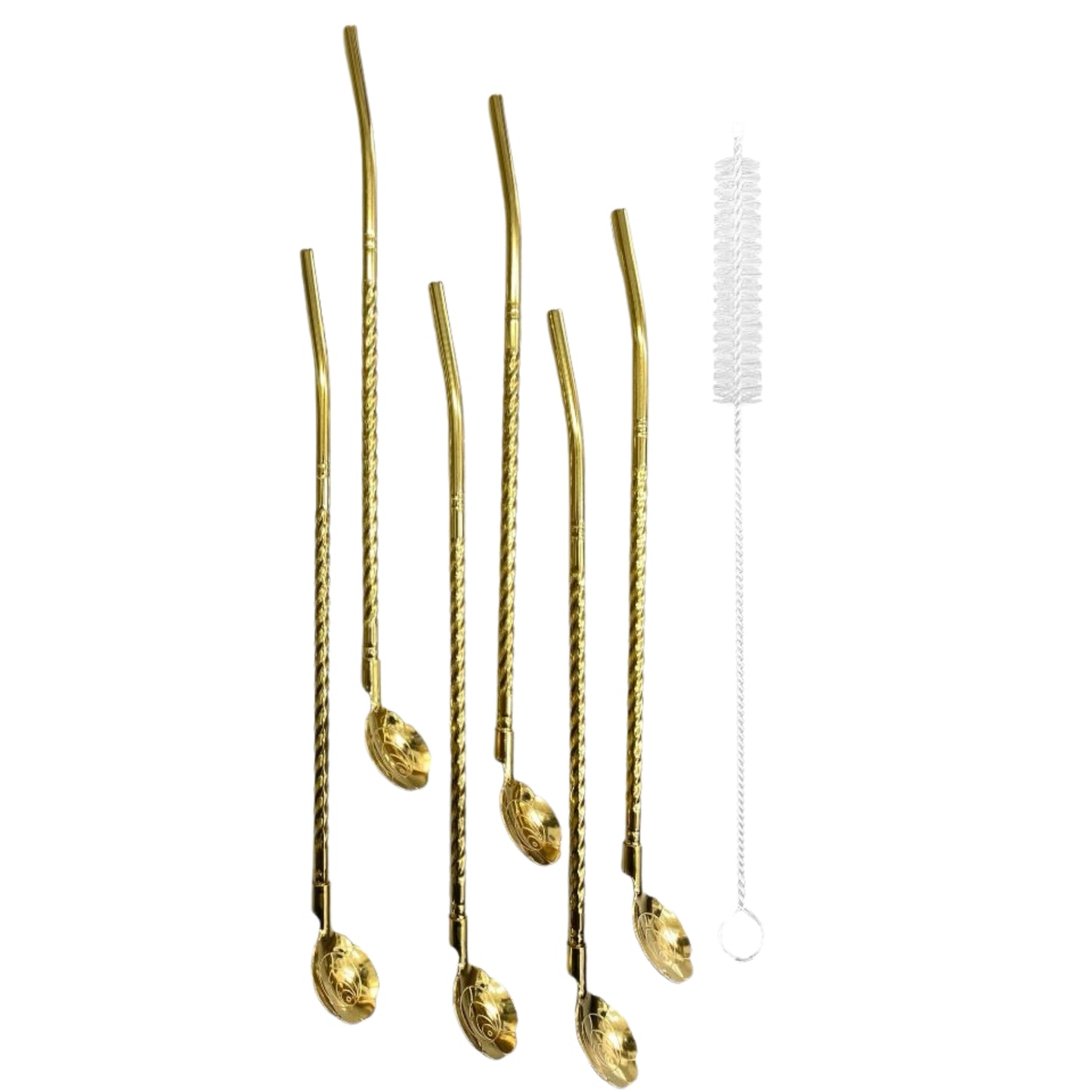 SOBHYS Premium Stainless Steel Spoon Straws Set, 304 Grade Steel, 21.5 cm Length, Rust-Resistant Filter Design, Silver, 6-Pack with Cleaning Brush, Dishwasher Safe (Golden-Spoon)