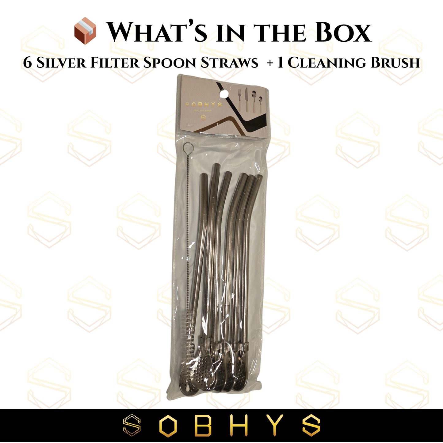 SOBHYS Premium Stainless Steel Spoon Straws Set, 304 Grade Steel, 21.5 cm Length, Rust-Resistant Filter Design, Silver, 6-Pack with Cleaning Brush, Dishwasher Safe (Silver-S- filter)
