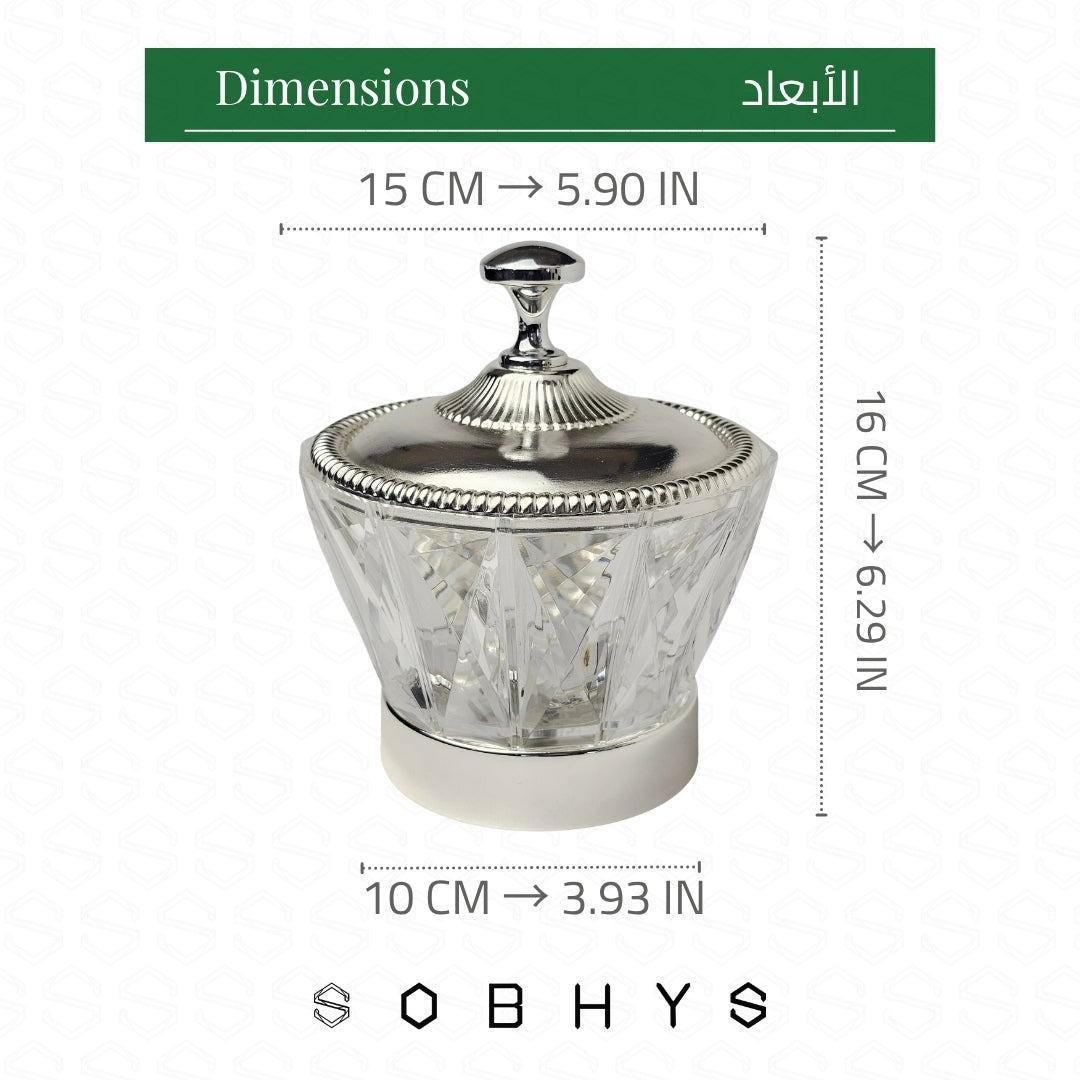 Silver container with dimensions displayed on a white background Sobhys Crystal-Cut Acrylic Bowl – Main Product Shot with Silver-Tone Lid and Base

