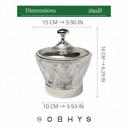 Silver container with dimensions displayed on a white background Sobhys Crystal-Cut Acrylic Bowl – Main Product Shot with Silver-Tone Lid and Base
