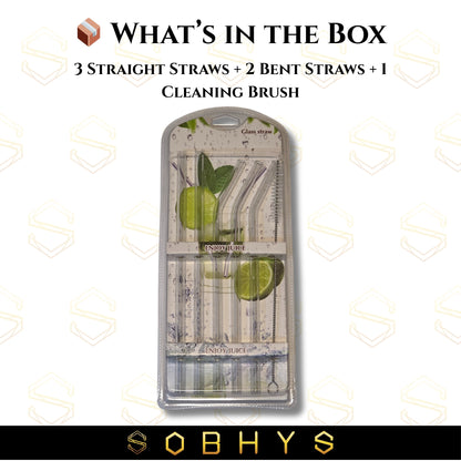 SOBHYS Glass Drinking Straw Set, 5 Piece Borosilicate Straws with Cleaning Brush, Straight and Bent Design for Smoothies, Cocktails, Juices