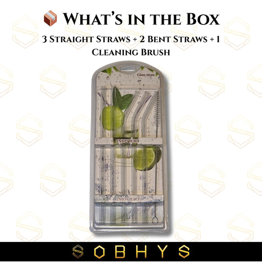 SOBHYS Glass Drinking Straw Set, 5 Piece Borosilicate Straws with Cleaning Brush, Straight and Bent Design for Smoothies, Cocktails, Juices