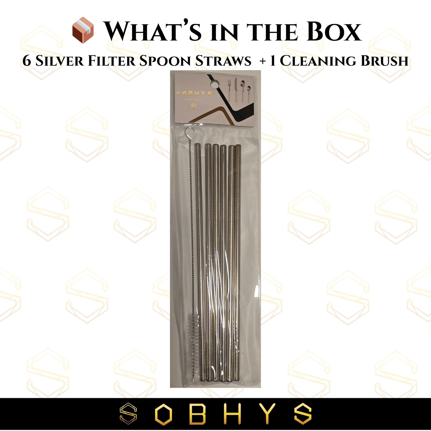 SOBHYS Premium Stainless Steel Spoon Straws Set, 304 Grade Steel, 21.5 cm Length, Rust-Resistant Filter Design, Silver, 6-Pack with Cleaning Brush, Dishwasher Safe (Silver-Straight)