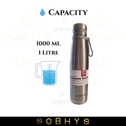 SOBHYS Stainless Steel Insulated Bottle Hot & Cold Flask, 1L/1000ml, SUS 304 Double-Wall Thermal with removable Filter, 12-15 Hours Temperature Retention (1, Silver, 1000 ml/1 L)