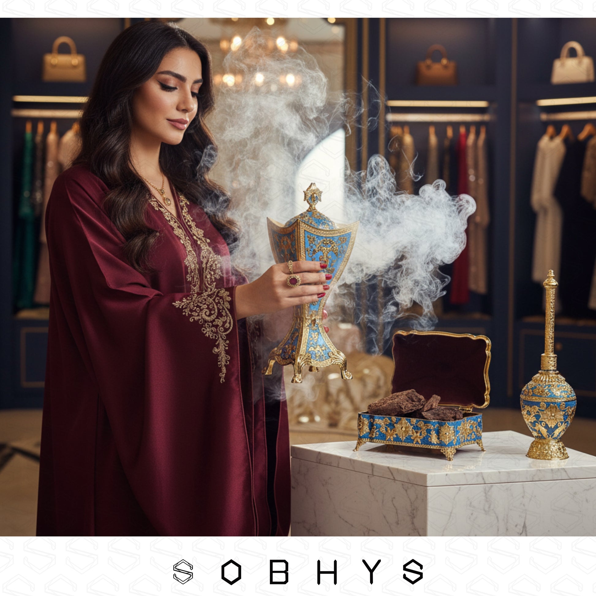 Sobhys 3-piece Mabkhara Meresh velvet box Royal Blue Gold final stock
Woman holding a decorative urn with smoke in a clothing store setting, featuring the brand 'SOBHYS'.