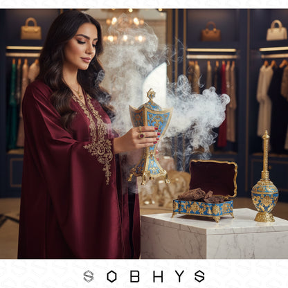 Sobhys 3-piece Mabkhara Meresh velvet box Royal Blue Gold final stock
Woman holding a decorative urn with smoke in a clothing store setting, featuring the brand 'SOBHYS'.