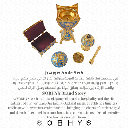 Sobhys 3-piece Mabkhara Meresh velvet box Royal Blue Gold final stock
Decorative incense set with gold and blue design on a white background, featuring SOBHYS branding.