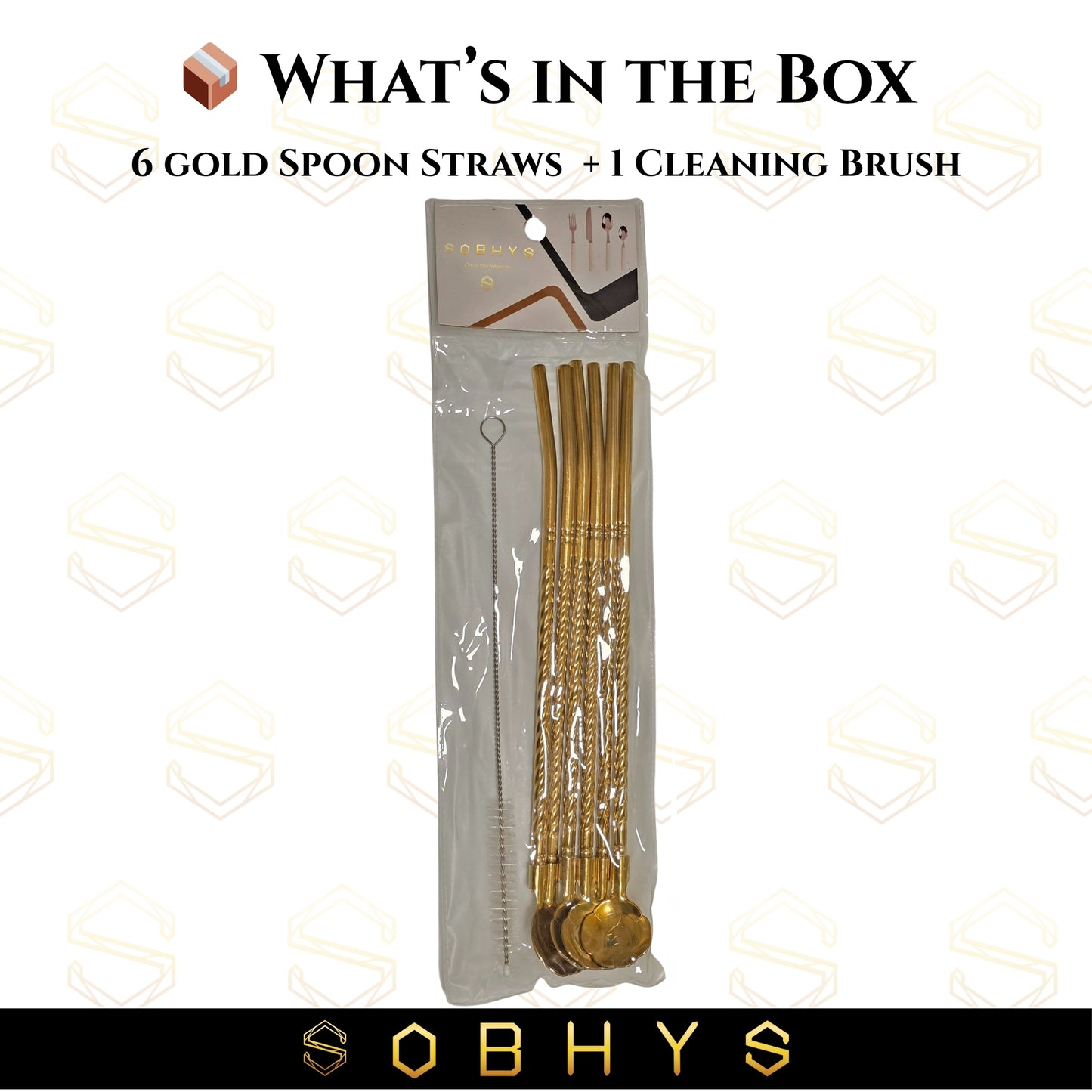 SOBHYS Premium Stainless Steel Spoon Straws Set, 304 Grade Steel, 21.5 cm Length, Rust-Resistant Filter Design, Silver, 6-Pack with Cleaning Brush, Dishwasher Safe (Golden-Spoon)