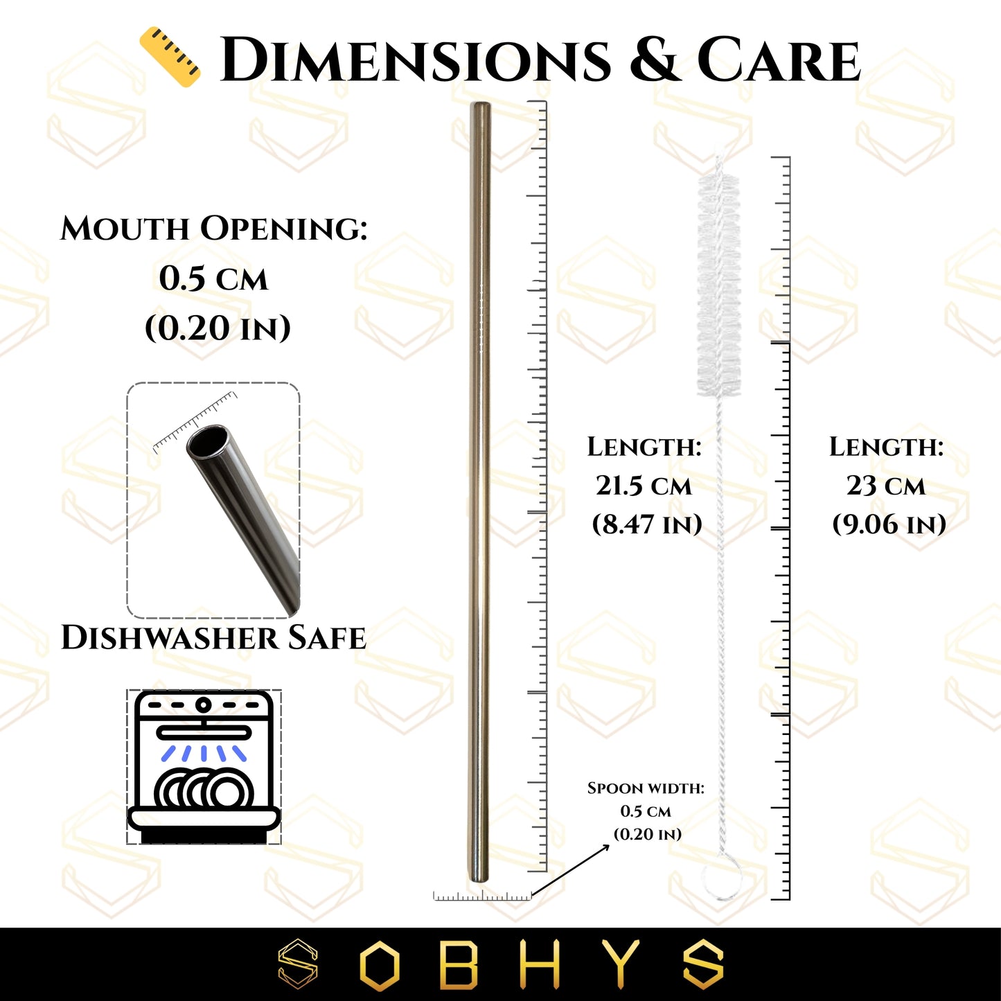 SOBHYS Premium Stainless Steel Spoon Straws Set, 304 Grade Steel, 21.5 cm Length, Rust-Resistant Filter Design, Silver, 6-Pack with Cleaning Brush, Dishwasher Safe (Silver-Straight)