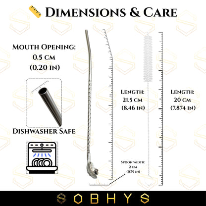 SOBHYS Premium Stainless Steel Spoon Straws Set, 304 Grade Steel, 21.5 cm Length, Rust-Resistant Filter Design, Silver, 6-Pack with Cleaning Brush, Dishwasher Safe (Silver-Spoon)