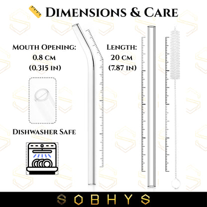 SOBHYS Glass Drinking Straw Set, 5 Piece Borosilicate Straws with Cleaning Brush, Straight and Bent Design for Smoothies, Cocktails, Juices