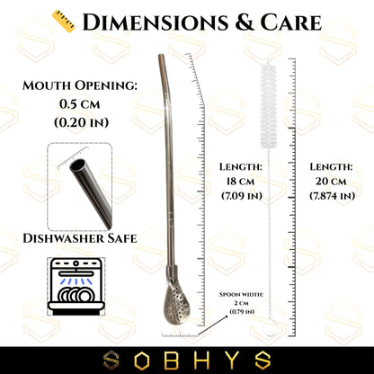SOBHYS Premium Stainless Steel Spoon Straws Set, 304 Grade Steel, 21.5 cm Length, Rust-Resistant Filter Design, Silver, 6-Pack with Cleaning Brush, Dishwasher Safe (Silver-S- filter)
