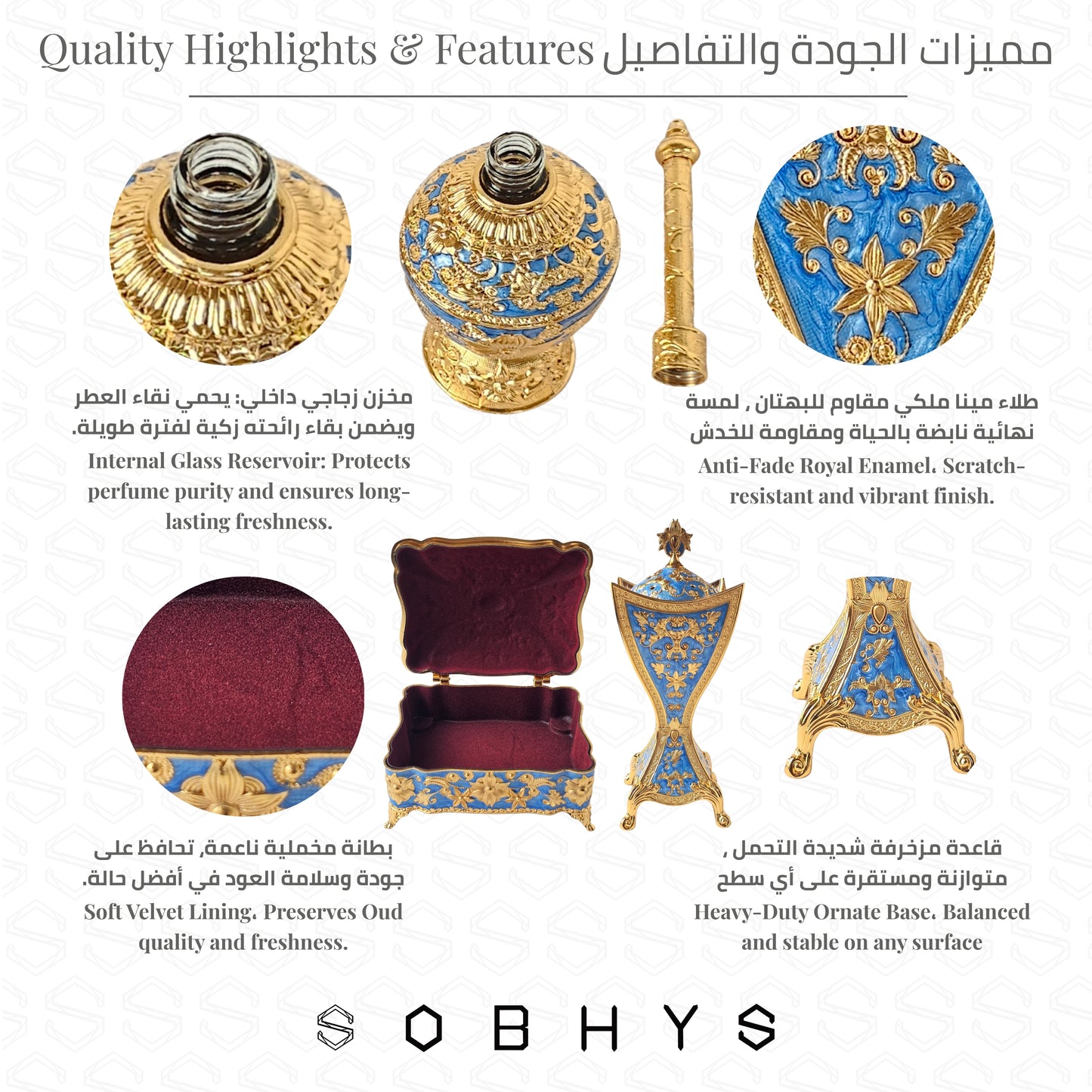 Arabic luxury incense burner set close up gold plating floral motifs
