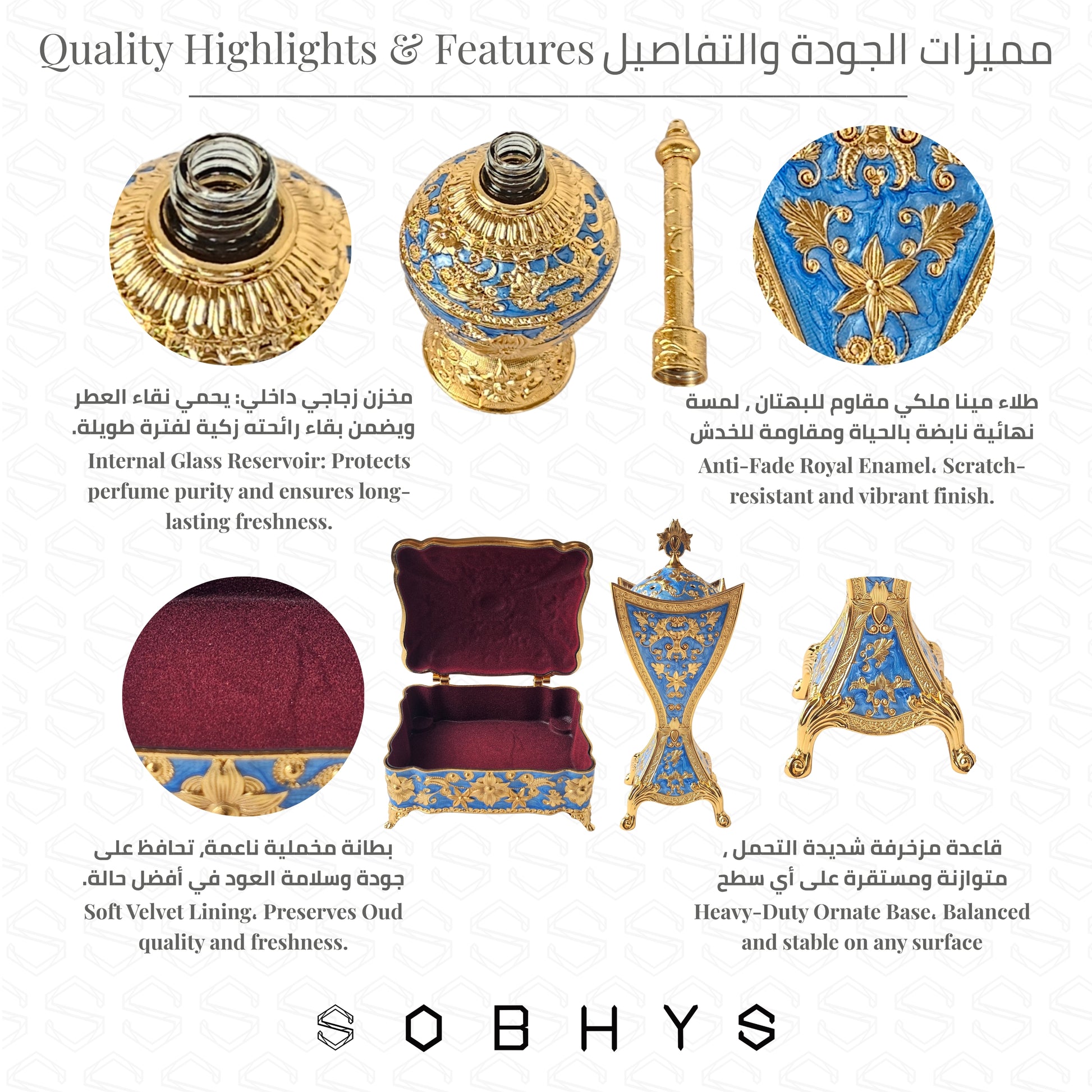 Arabic luxury incense burner set close up gold plating floral motifs

