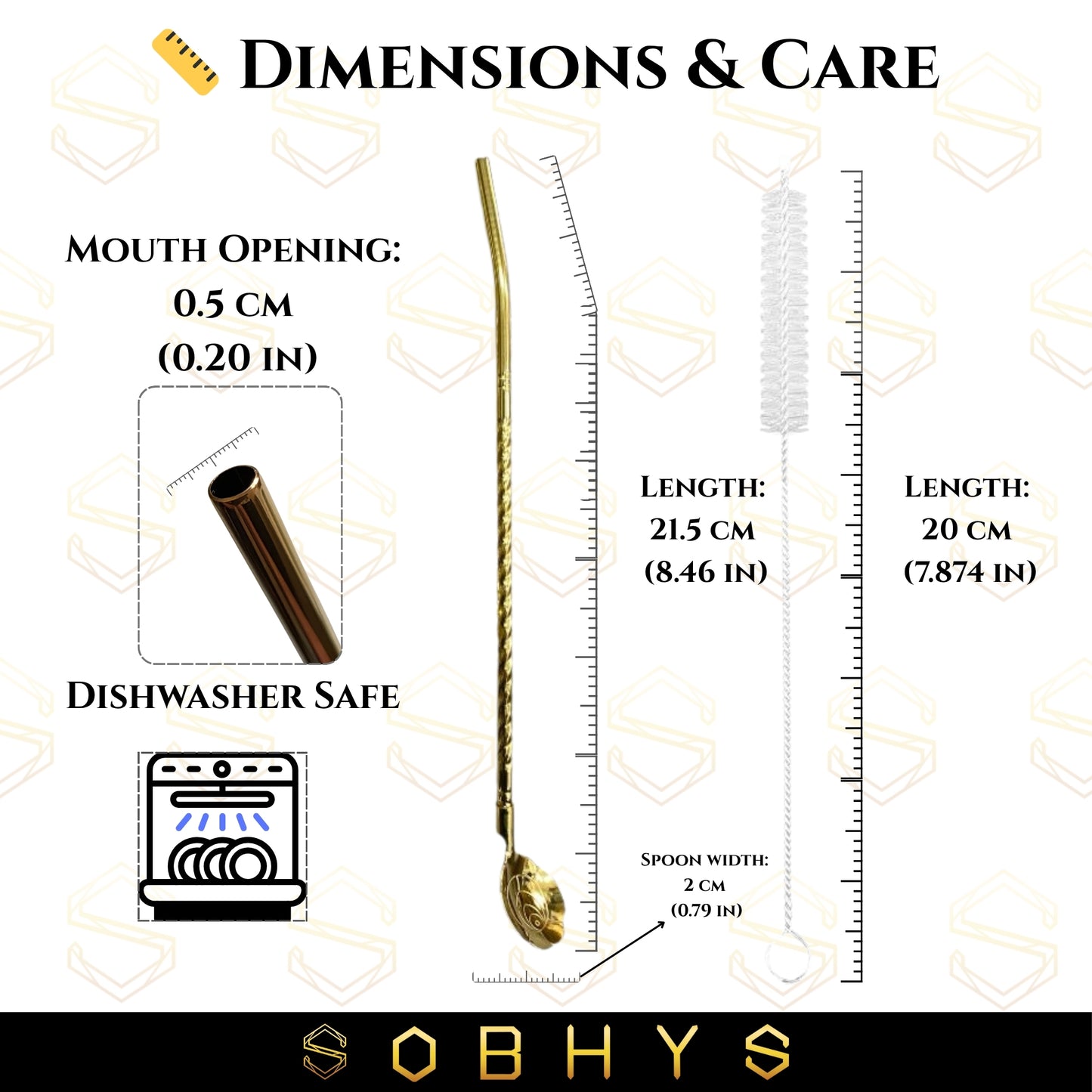 SOBHYS Premium Stainless Steel Spoon Straws Set, 304 Grade Steel, 21.5 cm Length, Rust-Resistant Filter Design, Silver, 6-Pack with Cleaning Brush, Dishwasher Safe (Golden-Spoon)