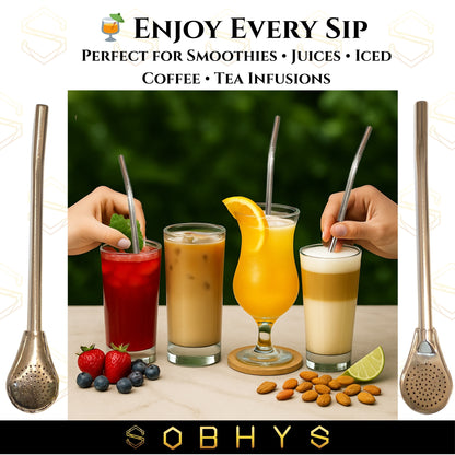 SOBHYS Premium Stainless Steel Spoon Straws Set, 304 Grade Steel, 21.5 cm Length, Rust-Resistant Filter Design, Silver, 6-Pack with Cleaning Brush, Dishwasher Safe (Silver-L-filter)