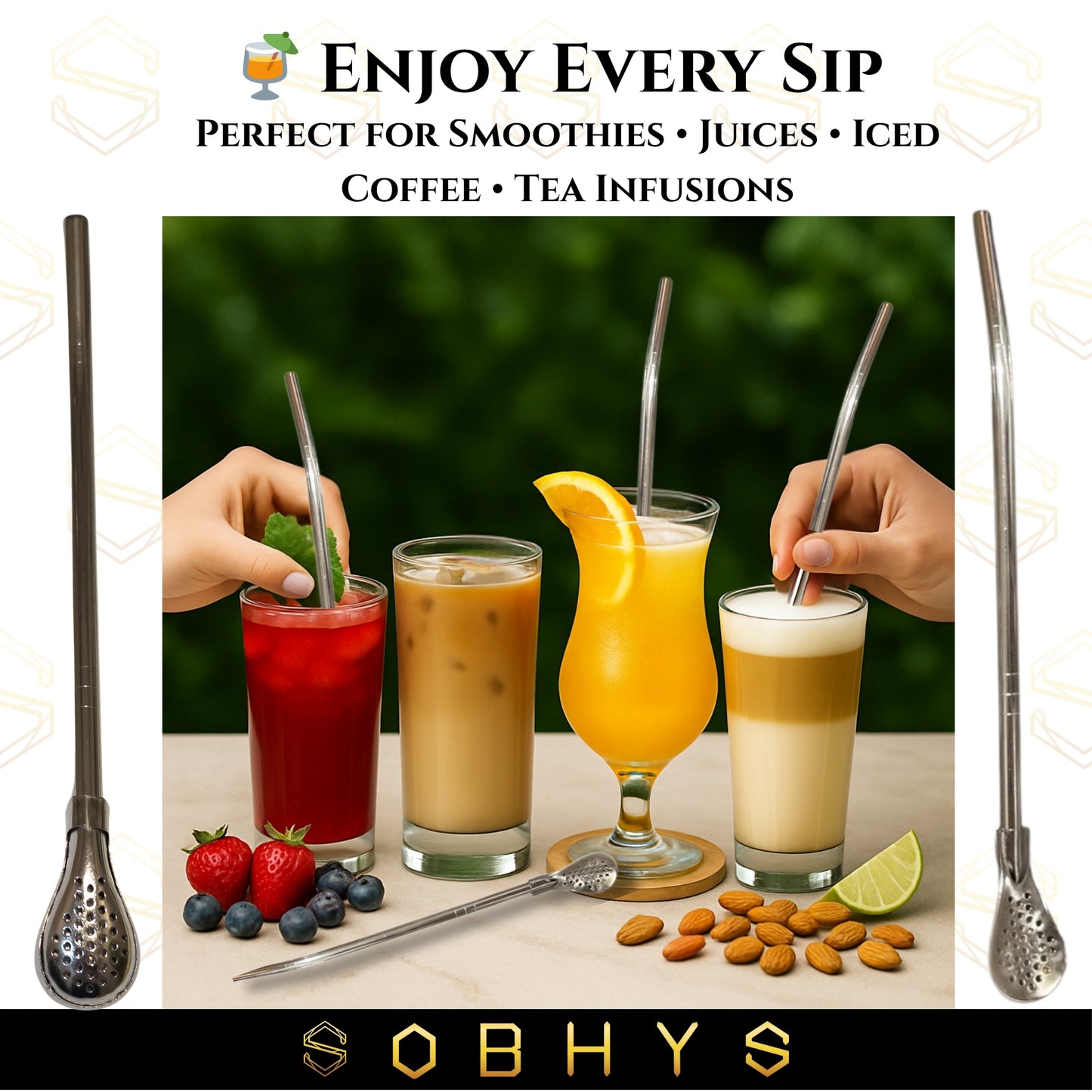 SOBHYS Premium Stainless Steel Spoon Straws Set, 304 Grade Steel, 21.5 cm Length, Rust-Resistant Filter Design, Silver, 6-Pack with Cleaning Brush, Dishwasher Safe (Silver-S- filter)