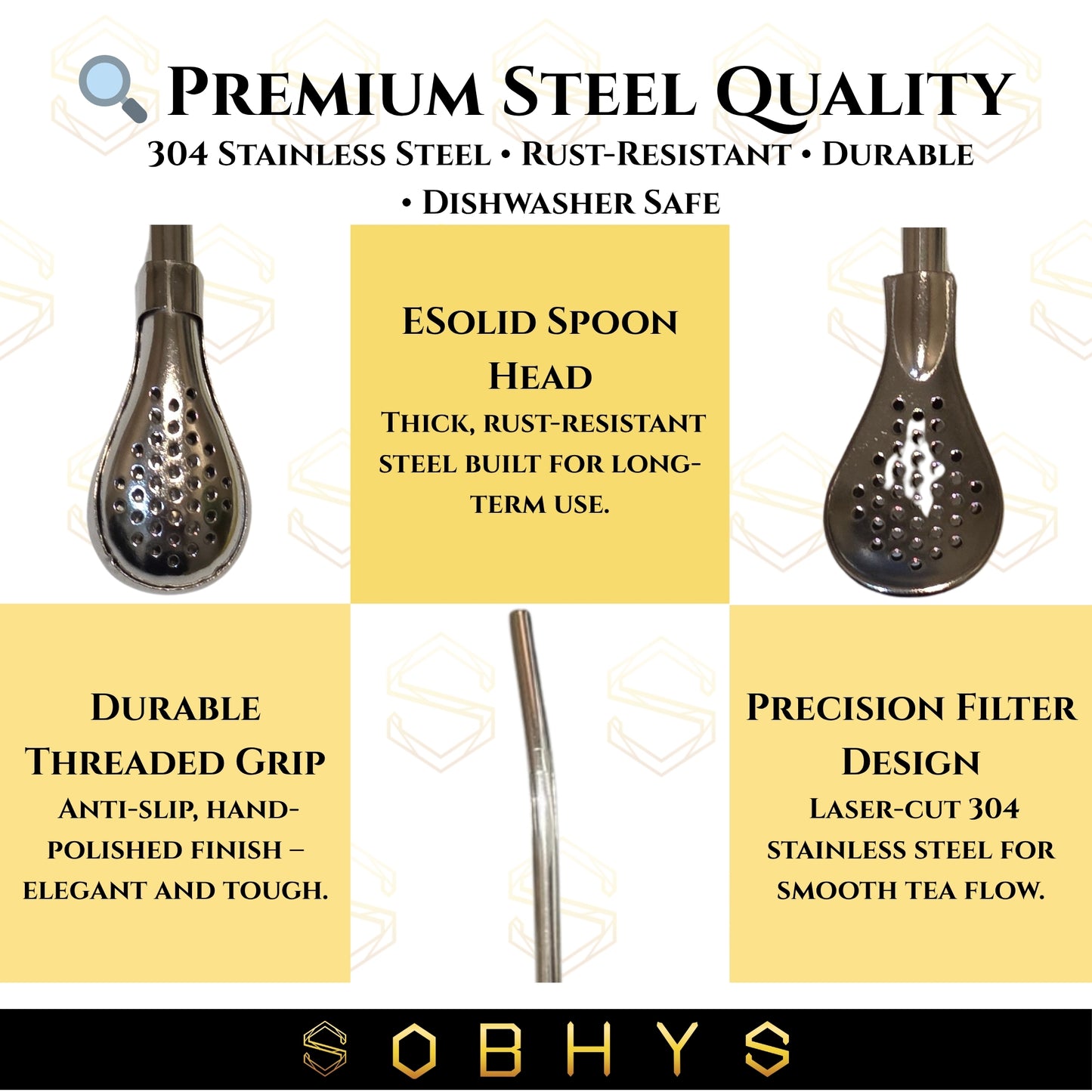 SOBHYS Premium Stainless Steel Spoon Straws Set, 304 Grade Steel, 21.5 cm Length, Rust-Resistant Filter Design, Silver, 6-Pack with Cleaning Brush, Dishwasher Safe (Silver-S- filter)