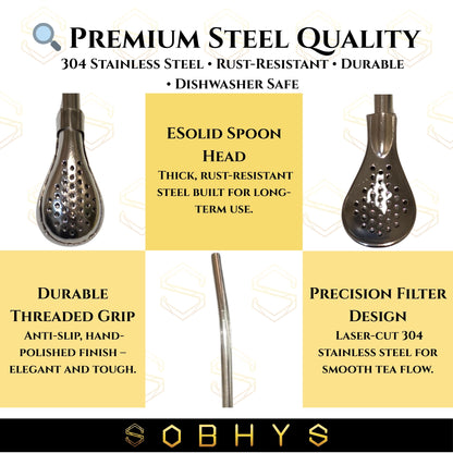 SOBHYS Premium Stainless Steel Spoon Straws Set, 304 Grade Steel, 21.5 cm Length, Rust-Resistant Filter Design, Silver, 6-Pack with Cleaning Brush, Dishwasher Safe (Silver-S- filter)