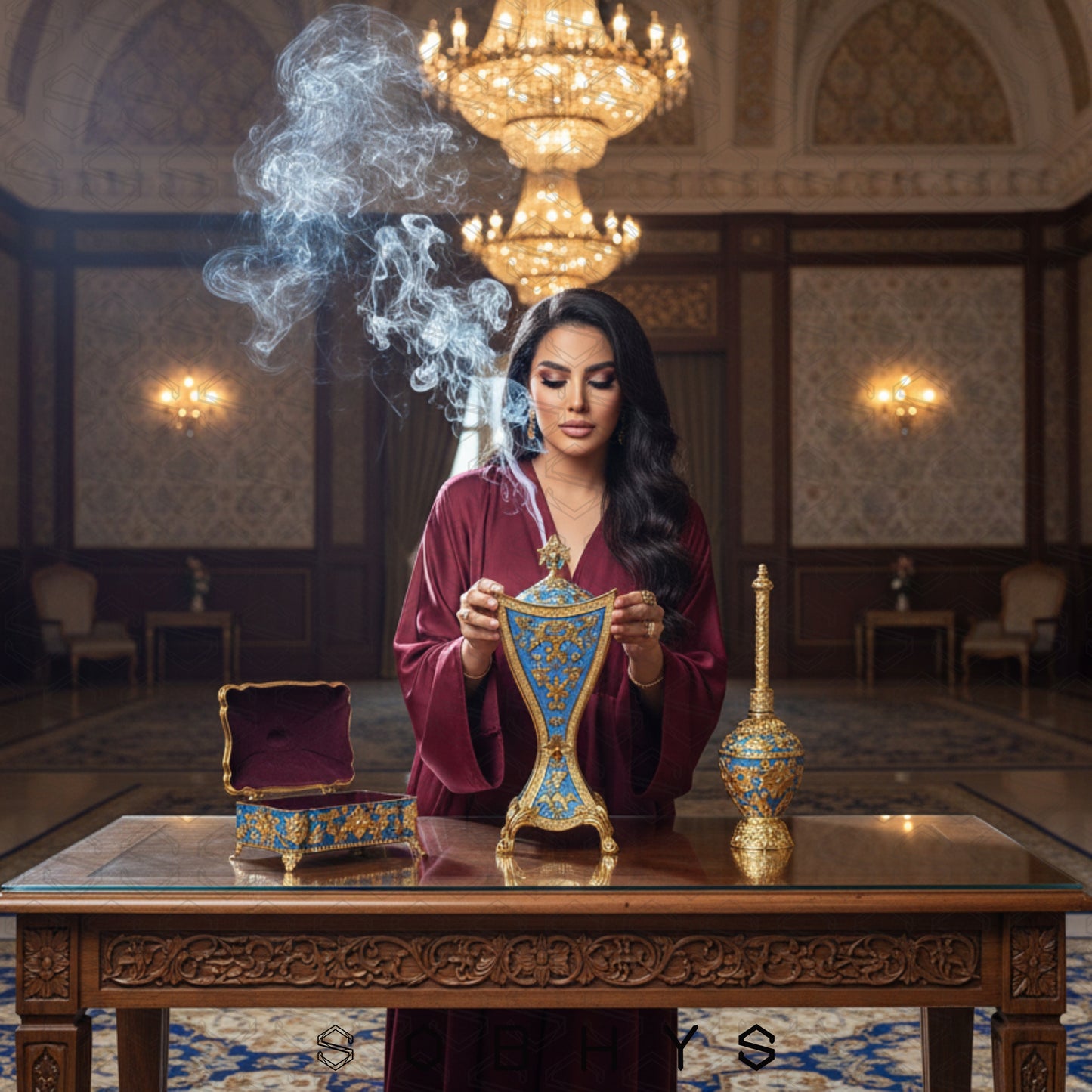 Arabic incense burner set smoke vents detail Royal Blue Gold zinc alloy
