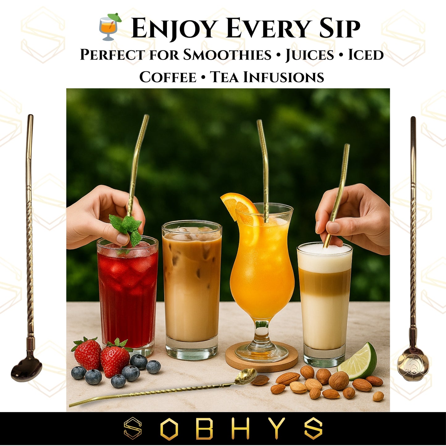 SOBHYS Premium Stainless Steel Spoon Straws Set, 304 Grade Steel, 21.5 cm Length, Rust-Resistant Filter Design, Silver, 6-Pack with Cleaning Brush, Dishwasher Safe (Golden-Spoon)