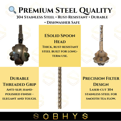 SOBHYS Premium Stainless Steel Spoon Straws Set, 304 Grade Steel, 21.5 cm Length, Rust-Resistant Filter Design, Silver, 6-Pack with Cleaning Brush, Dishwasher Safe (Silver-Spoon)