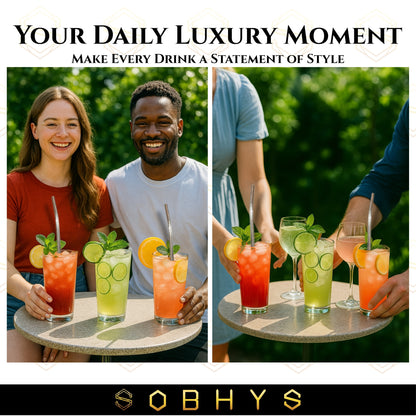 SOBHYS Premium Stainless Steel Spoon Straws Set, 304 Grade Steel, 21.5 cm Length, Rust-Resistant Filter Design, Silver, 6-Pack with Cleaning Brush, Dishwasher Safe (Silver-L-filter)