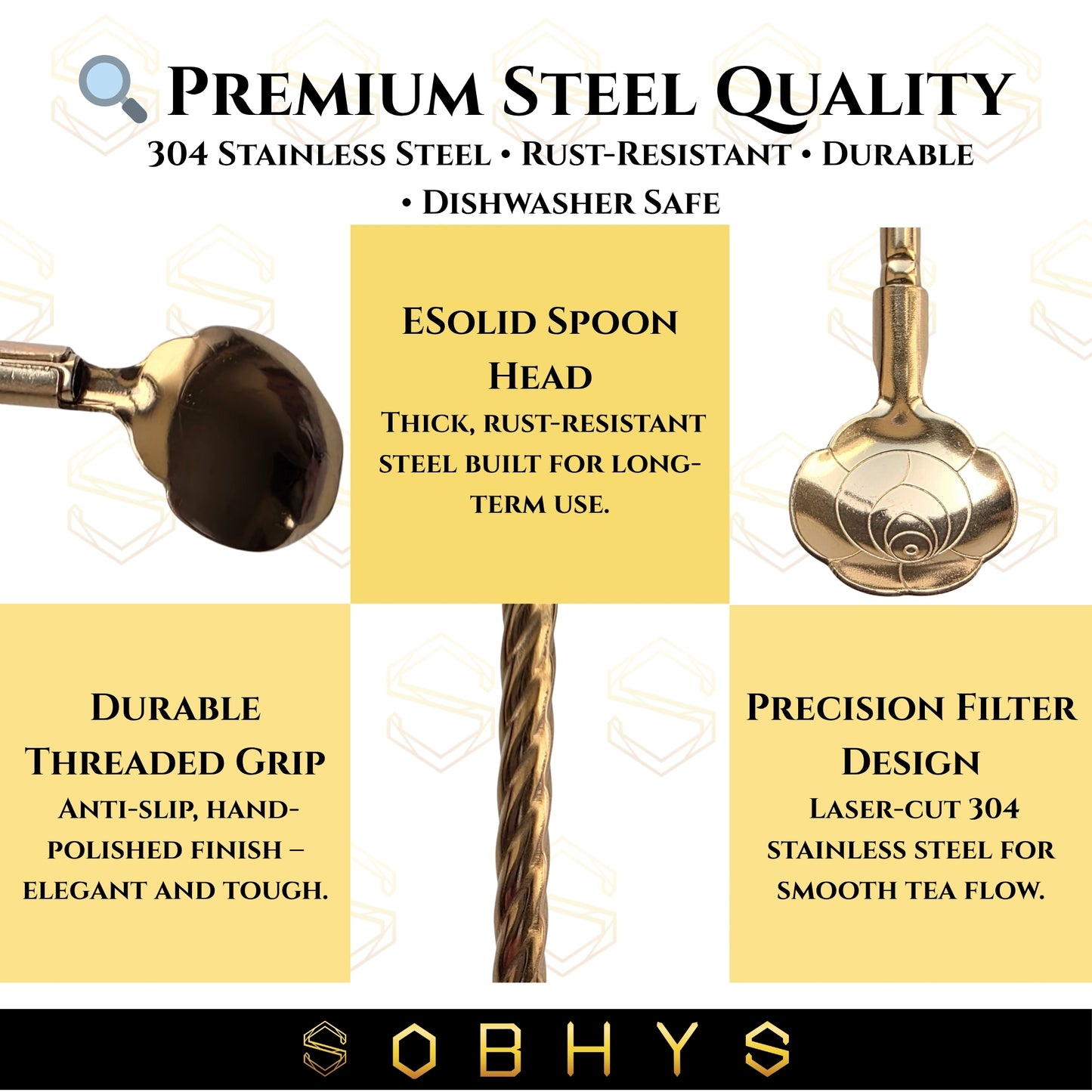 SOBHYS Premium Stainless Steel Spoon Straws Set, 304 Grade Steel, 21.5 cm Length, Rust-Resistant Filter Design, Silver, 6-Pack with Cleaning Brush, Dishwasher Safe (Golden-Spoon)