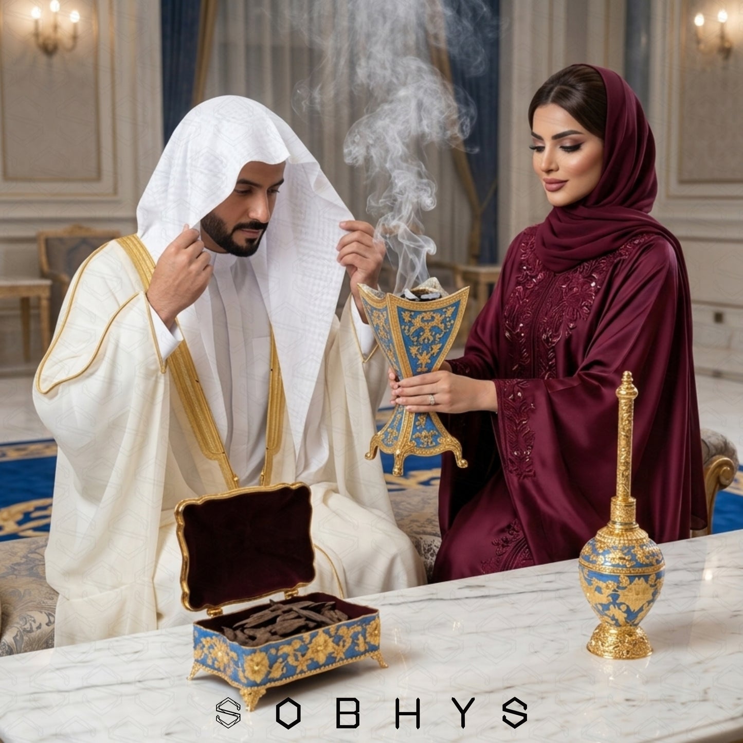 Two people in traditional attire with decorative items on a marble surface, featuring the brand 'SOBHYS' Sobhys Arabic incense burner gold plated hand-finished floral design