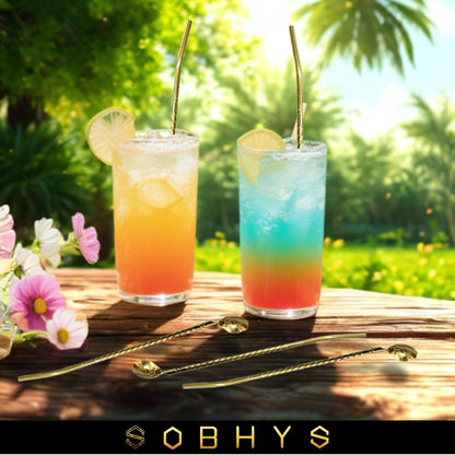 SOBHYS Premium Stainless Steel Spoon Straws Set, 304 Grade Steel, 21.5 cm Length, Rust-Resistant Filter Design, Silver, 6-Pack with Cleaning Brush, Dishwasher Safe (Golden-Spoon)