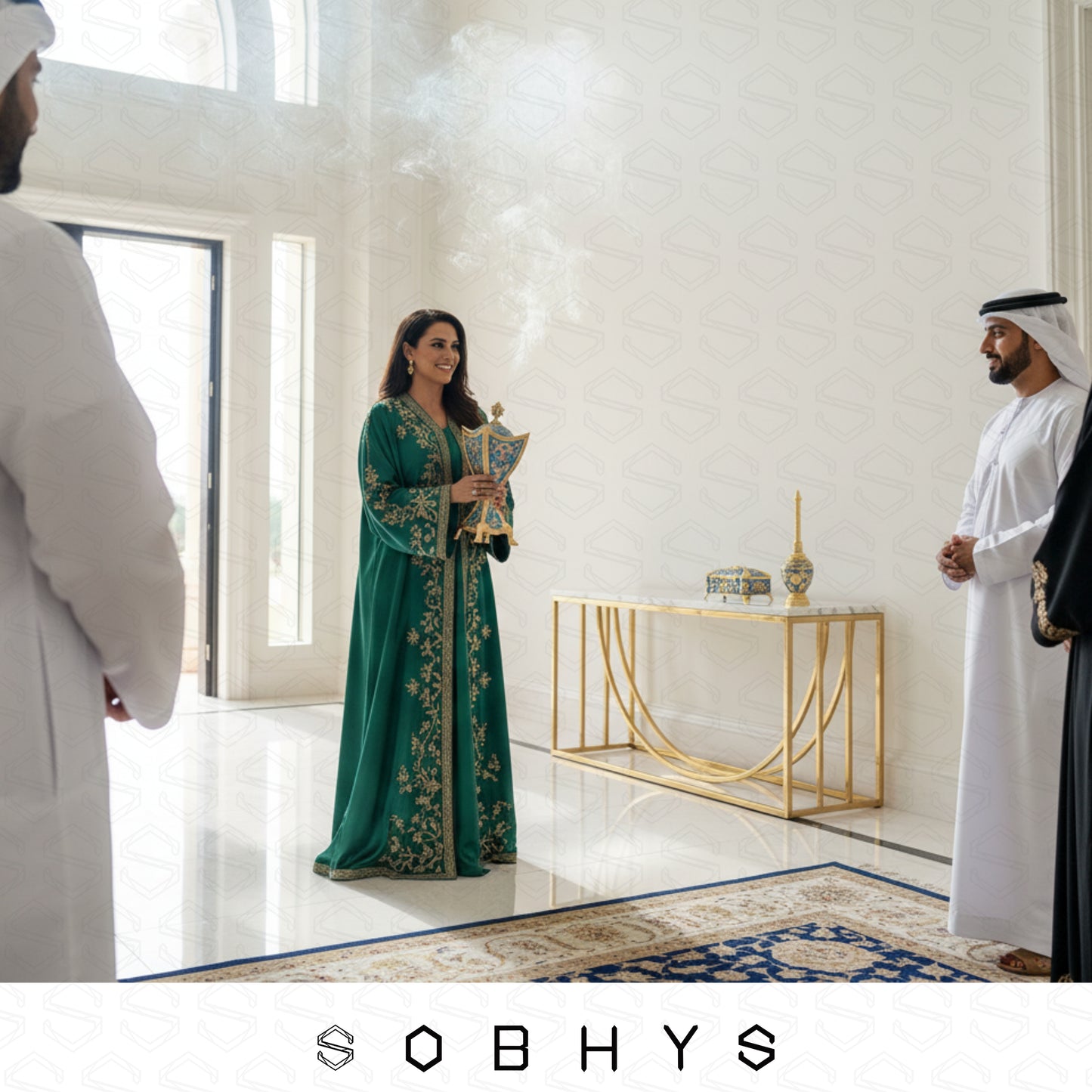 Woman in a green dress holding a boukhour with two men in traditional attire in a well-lit room, Royal Blue Gold Arabic incense set velvet box open display Sobhys
