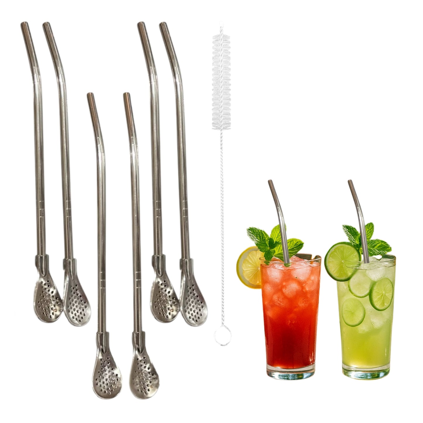 SOBHYS Premium Stainless Steel Spoon Straws Set, 304 Grade Steel, 21.5 cm Length, Rust-Resistant Filter Design, Silver, 6-Pack with Cleaning Brush, Dishwasher Safe (Silver-S- filter)