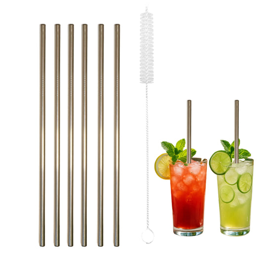 SOBHYS Premium Stainless Steel Spoon Straws Set, 304 Grade Steel, 21.5 cm Length, Rust-Resistant Filter Design, Silver, 6-Pack with Cleaning Brush, Dishwasher Safe (Silver-Straight)