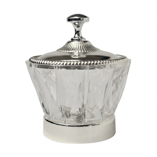 Luxury Crystal-Cut Acrylic Bowl – Silver-Tone Metal Lid & Base | 16cm Serving Bowl for Dates, Nuts & Candy